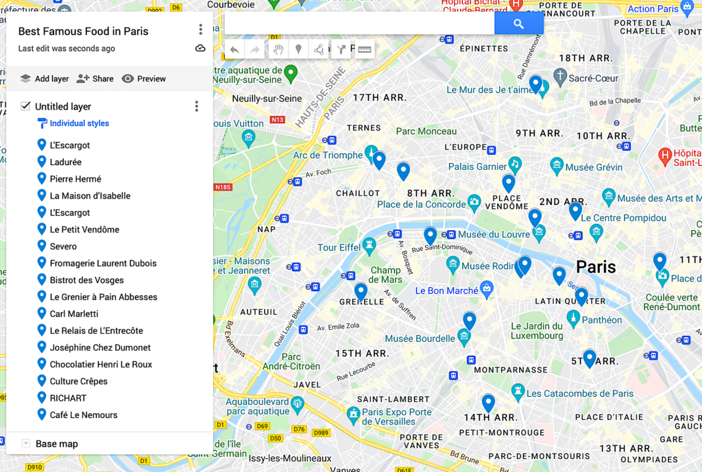 map of famous food in paris. 