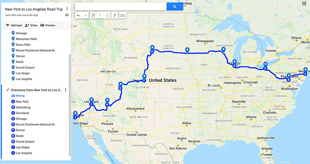 Map of the New York to Los Angeles road trip itinerary.