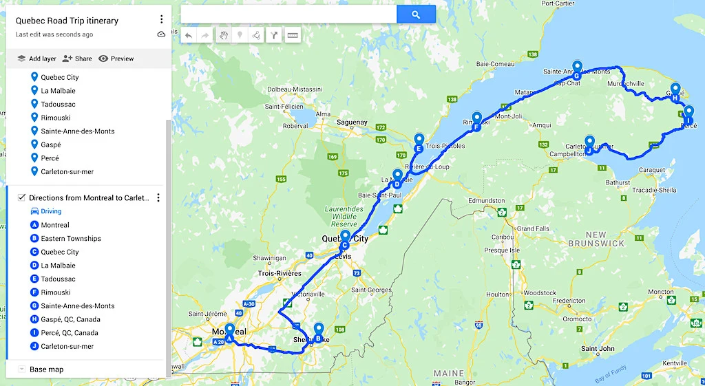 Map of the Quebec Road trip itinerary