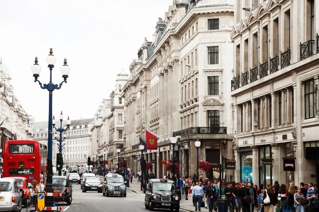 Traffic running down regents Street in London. One of the most famous roads in London.