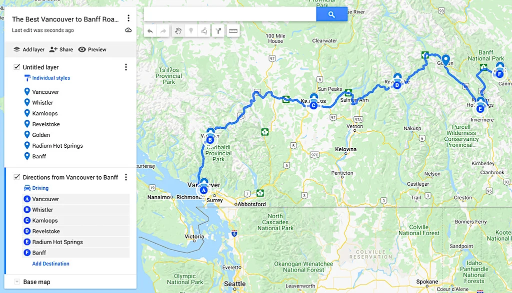 Map of the best Vancouver to Banff Road Trip Itinerary.