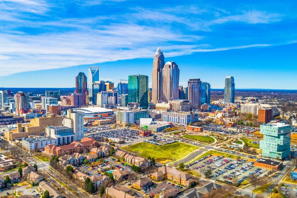 Aerial view of Charlotte North Carolina during your Miami to New York road trip. 