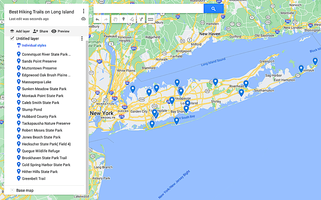 Map of the best hiking trails on Long Island. 