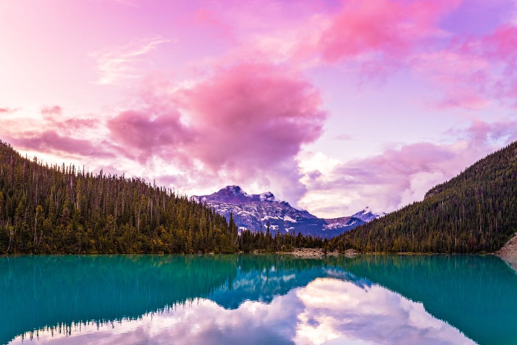 Pink sunset at upper Joffre Lake along one of the best hikes around Vancouver. 