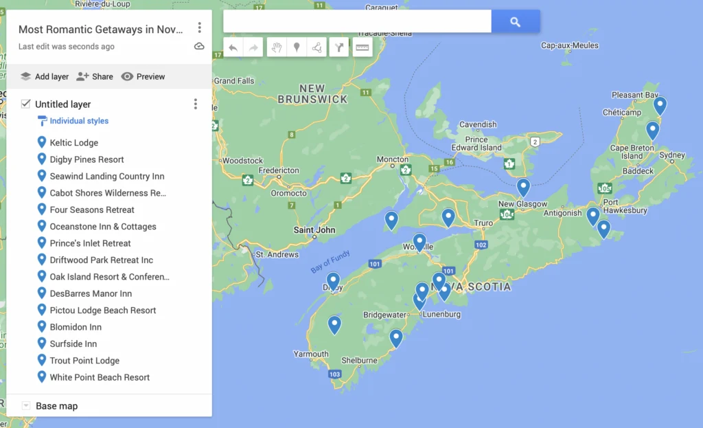 Map of the most romantic getaways in Nova Scotia. 