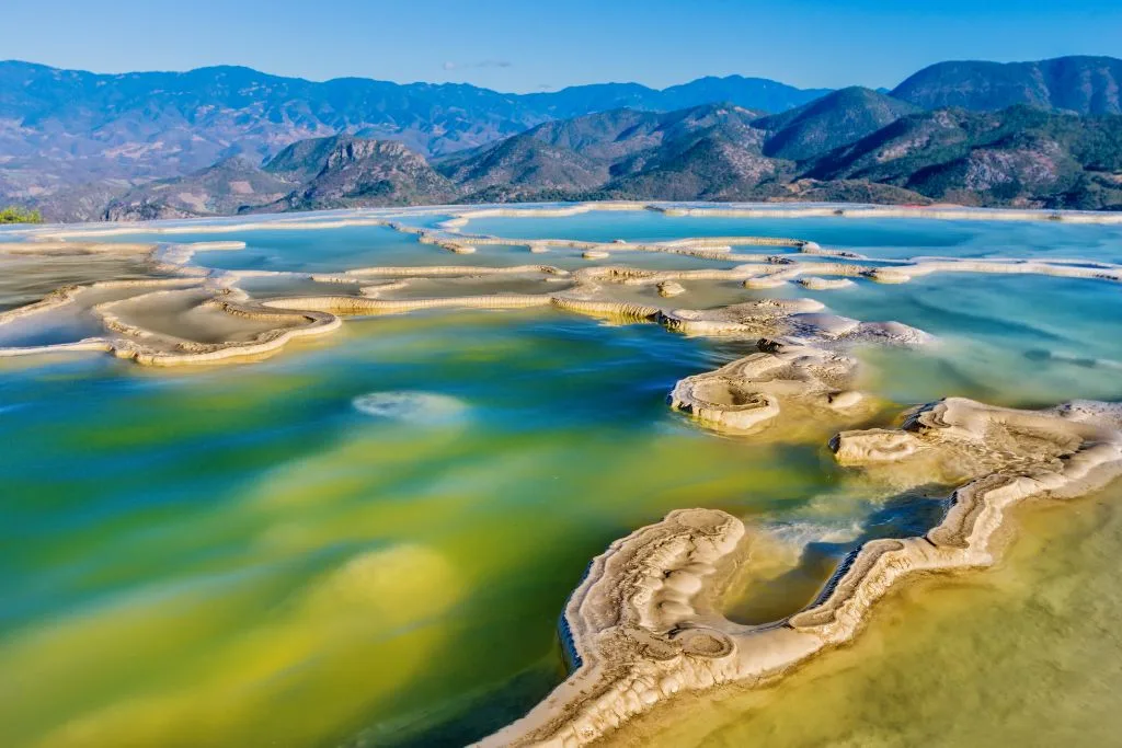 Aerial view of Hierve El Agua in Oaxaca, one of the best hot springs in Mexico. 