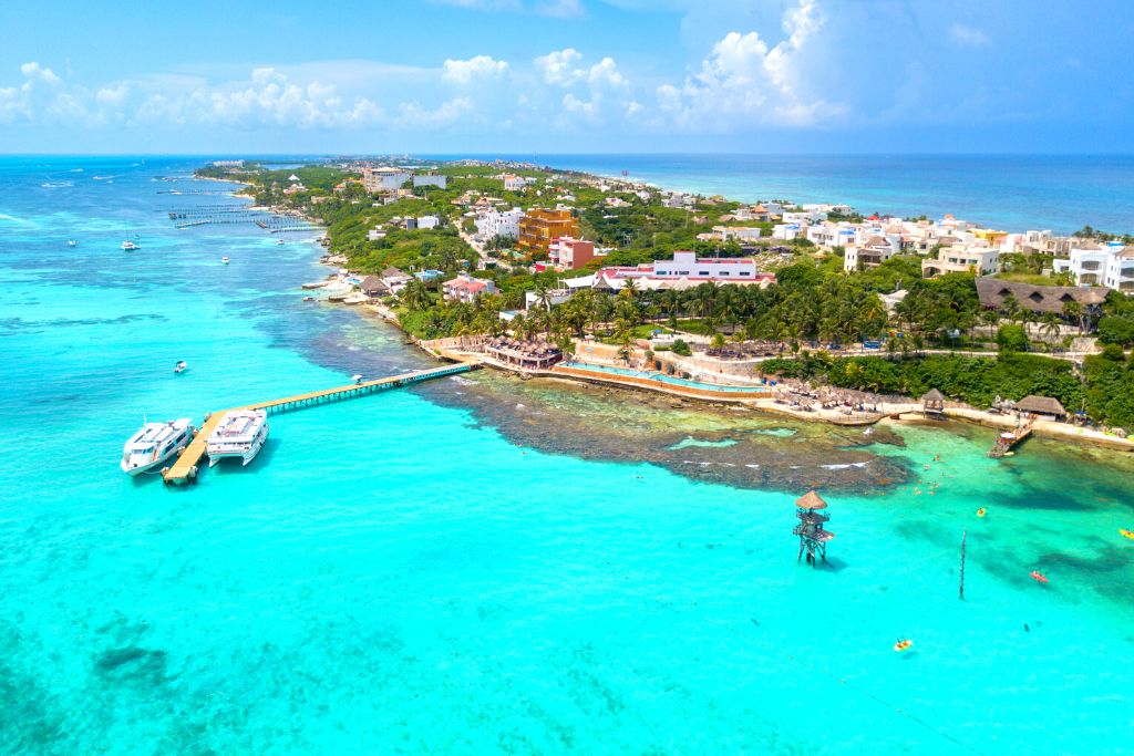 Aerial view of Isla Mujeres which is home to some of the best beaches in Cancun. 