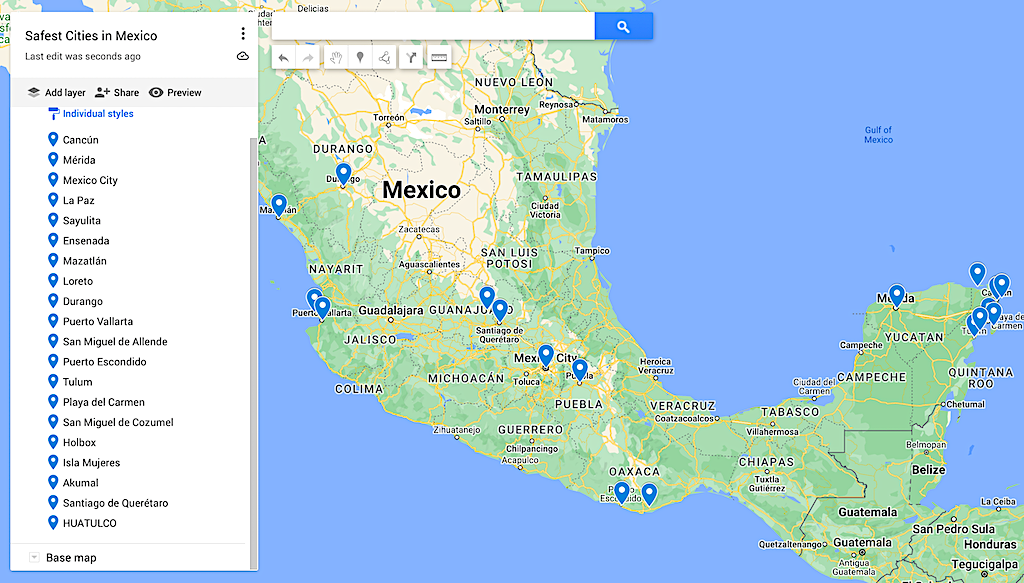 Map of the safest cities in Mexico. 