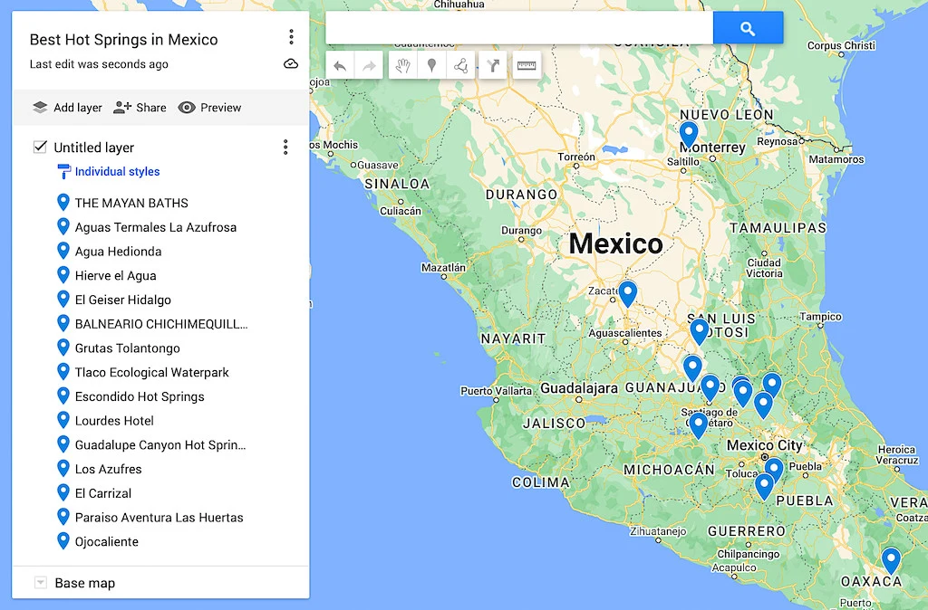Map of the best hot springs in Mexico. 