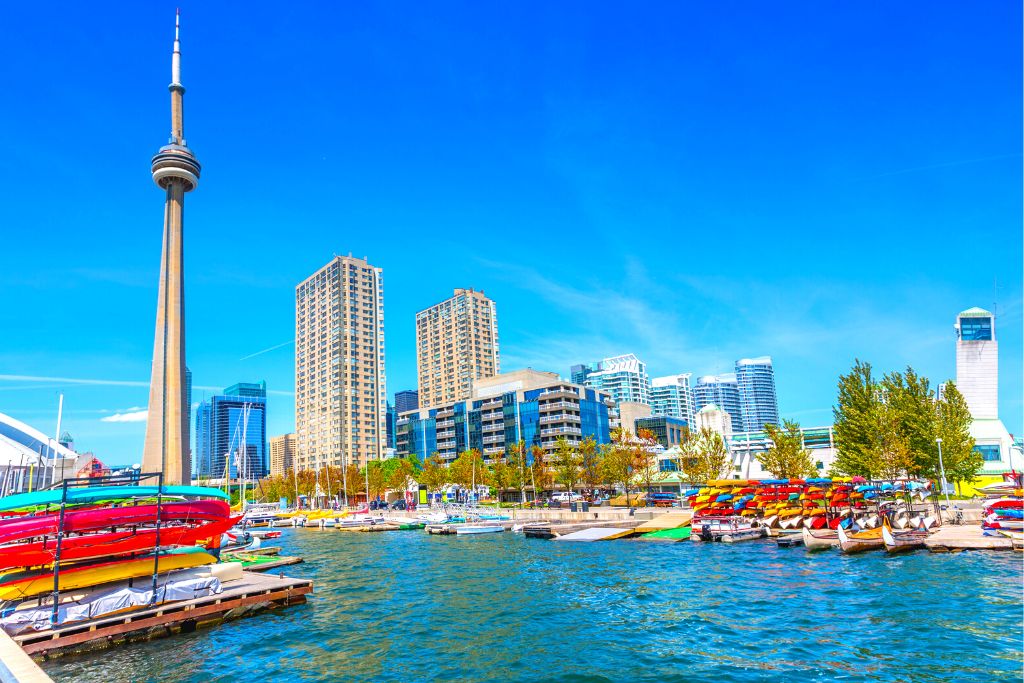 Kayaks along the waterways of Toronto during summer, the best time to visit Canada. 