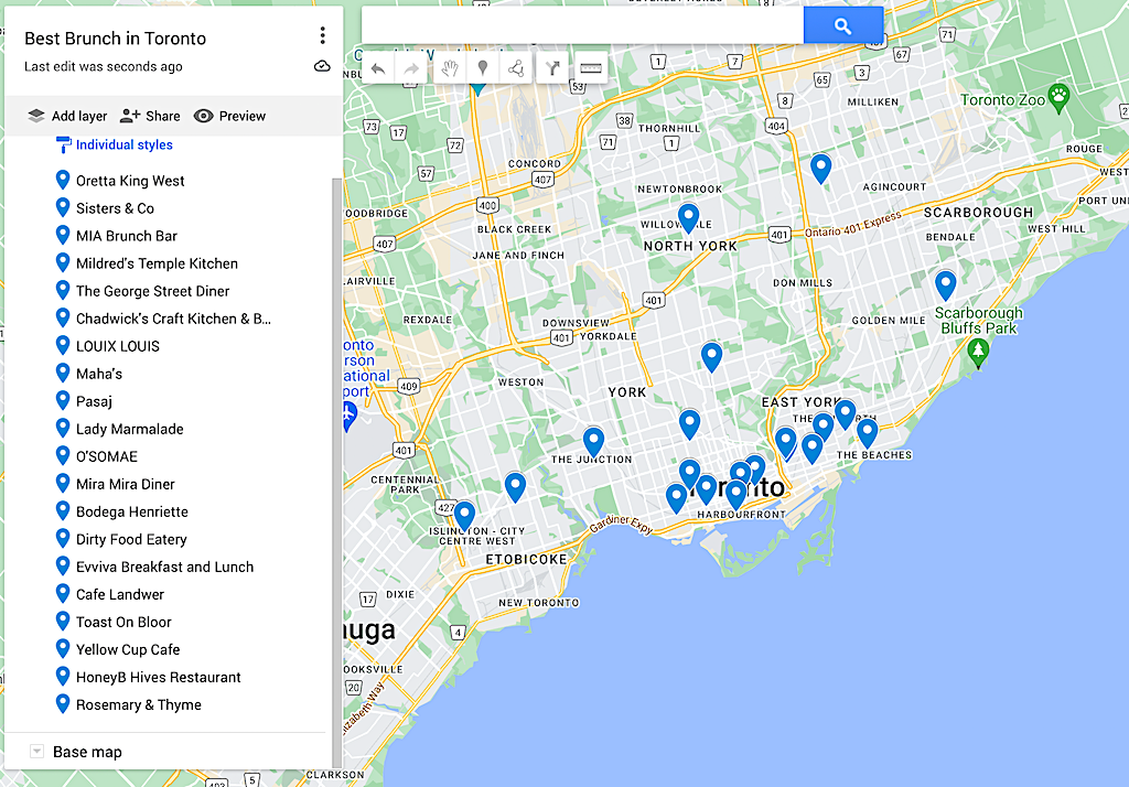 Map of the best brunch in Toronto. 