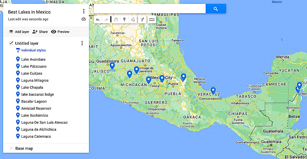 Map of the best lakes in Mexico. 