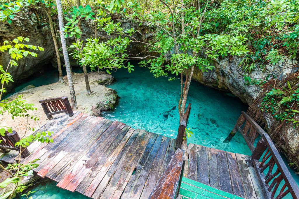 Aerial view of the wooden bridge at Gran Cenote which sits near Tulum. 