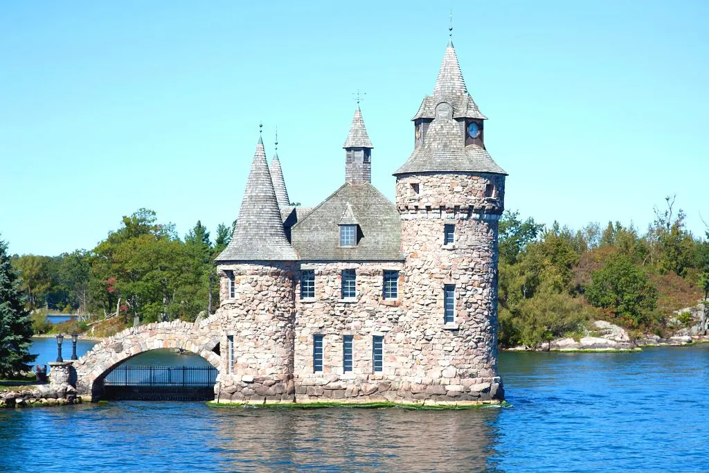 marvelous stone boathouse with stone turrets on the water at Boldt castle. 