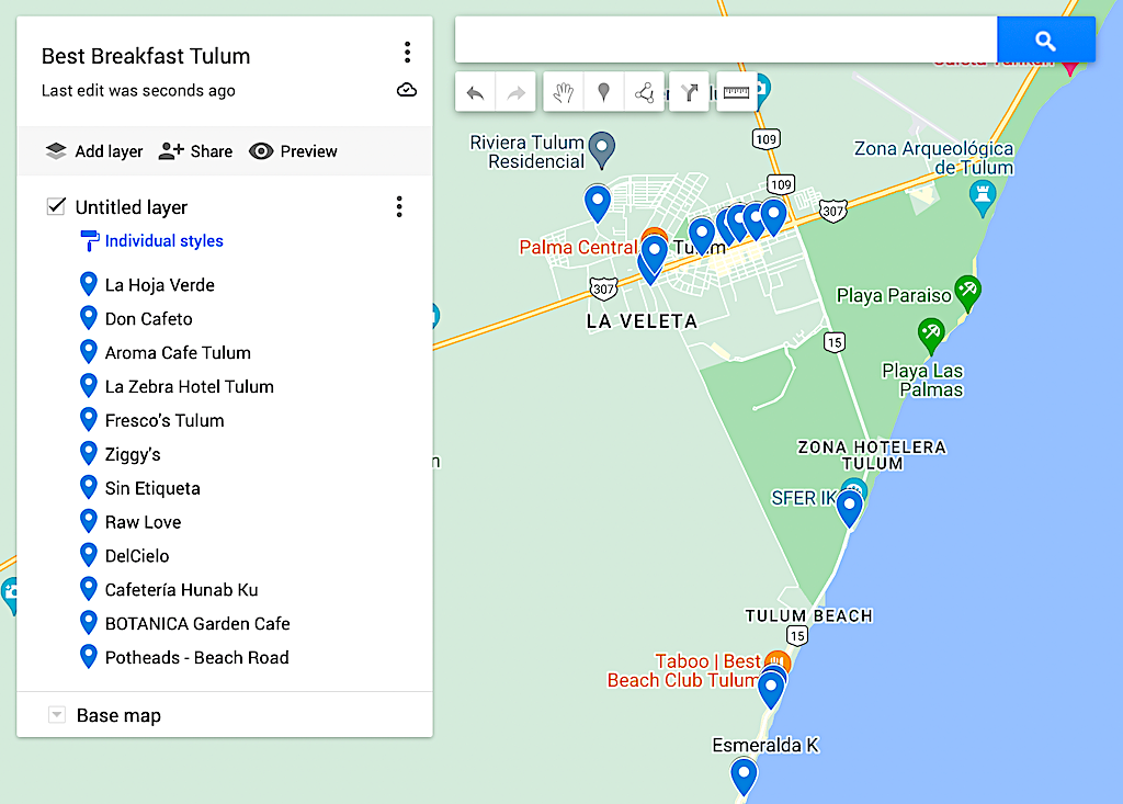 Map of the best Breakfast Tulum has to offer with 12 top spots. 