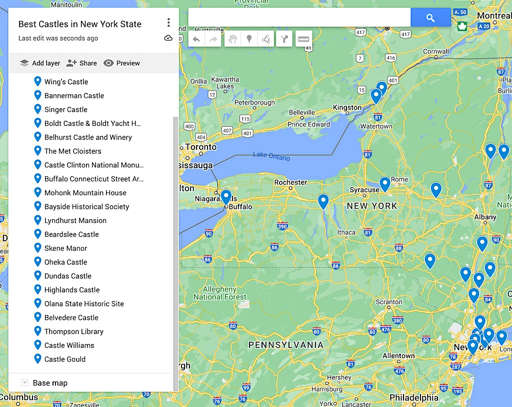 Map of the best castles in New York state. 