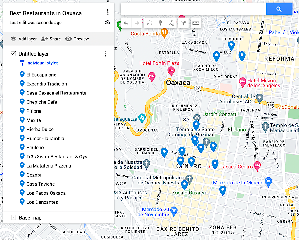 Map of the best restaurants in Oaxaca. 
