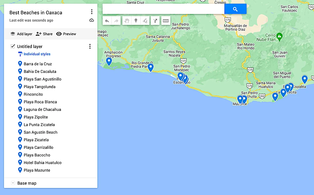 Map of the best beaches in Oaxaca