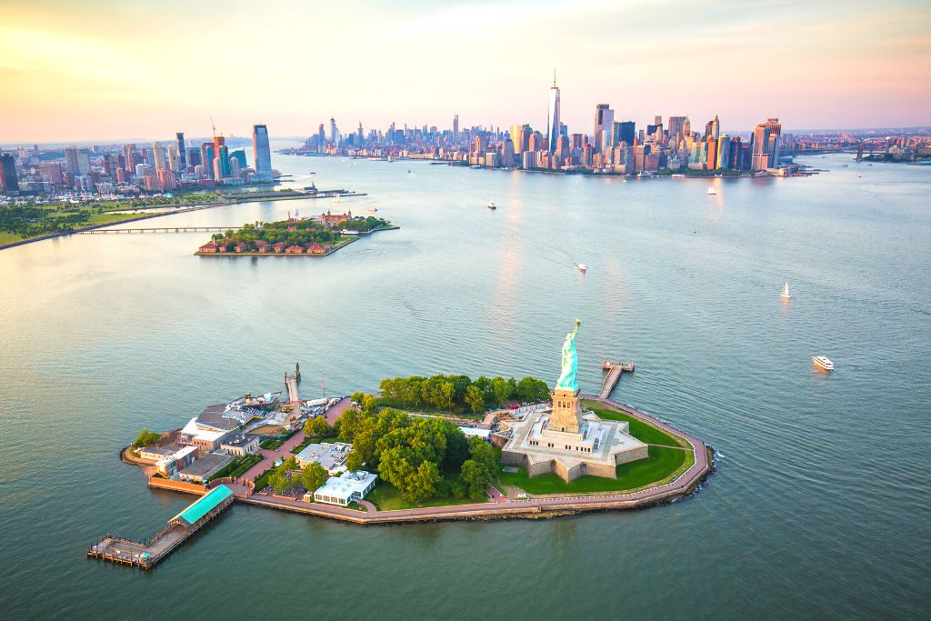 Aerial view of liberty island during the best helicopter tours in NYC. 
