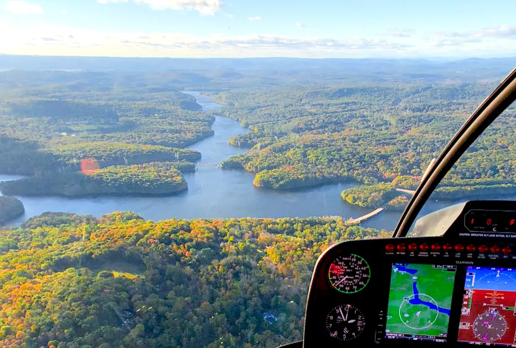 View of the Hudson River from the cockpit of a helicopter. 