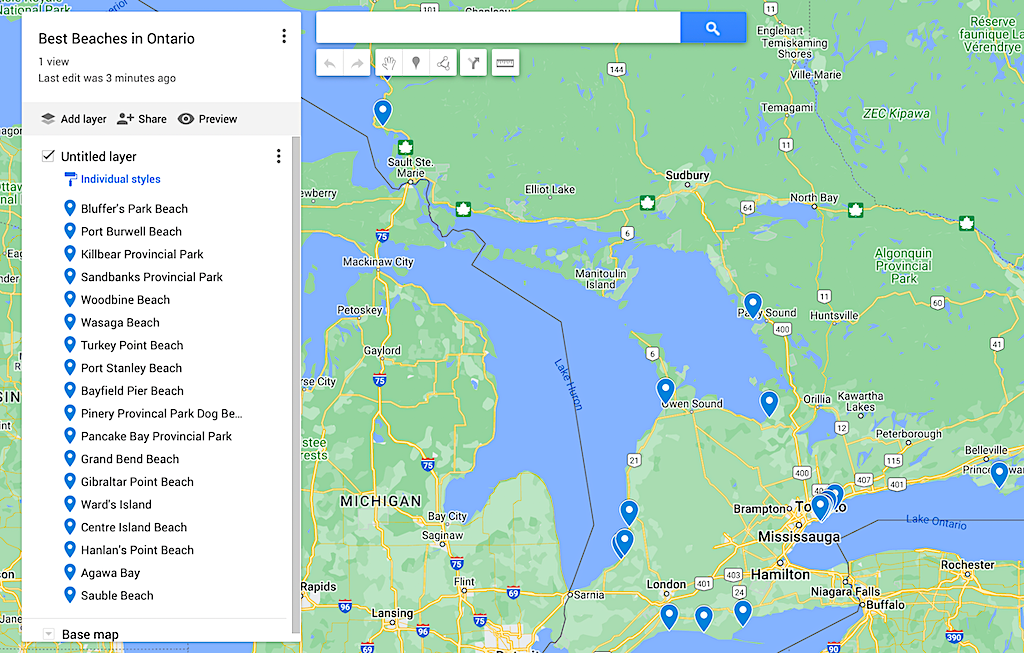 Map of the best beaches in Ontario. 
