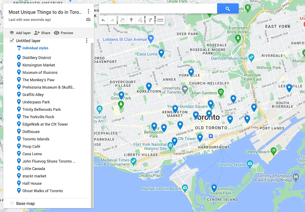Map of the most unique things to do in Toronto. 