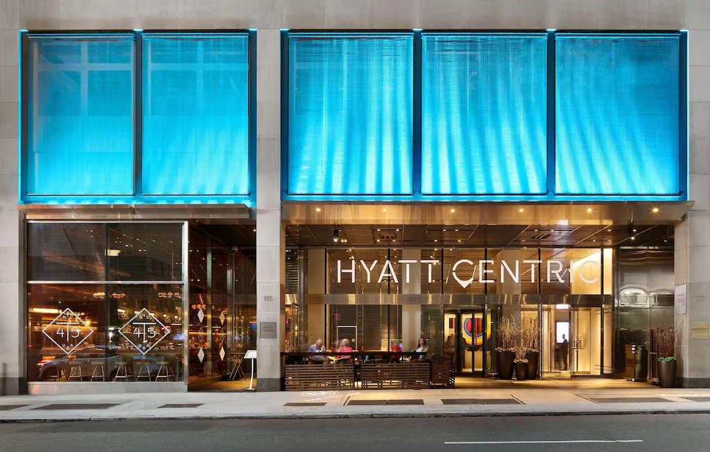 Exterior of the Hyatt Centric Times square at one of the best midtown manhattan hotels with balconies. 
