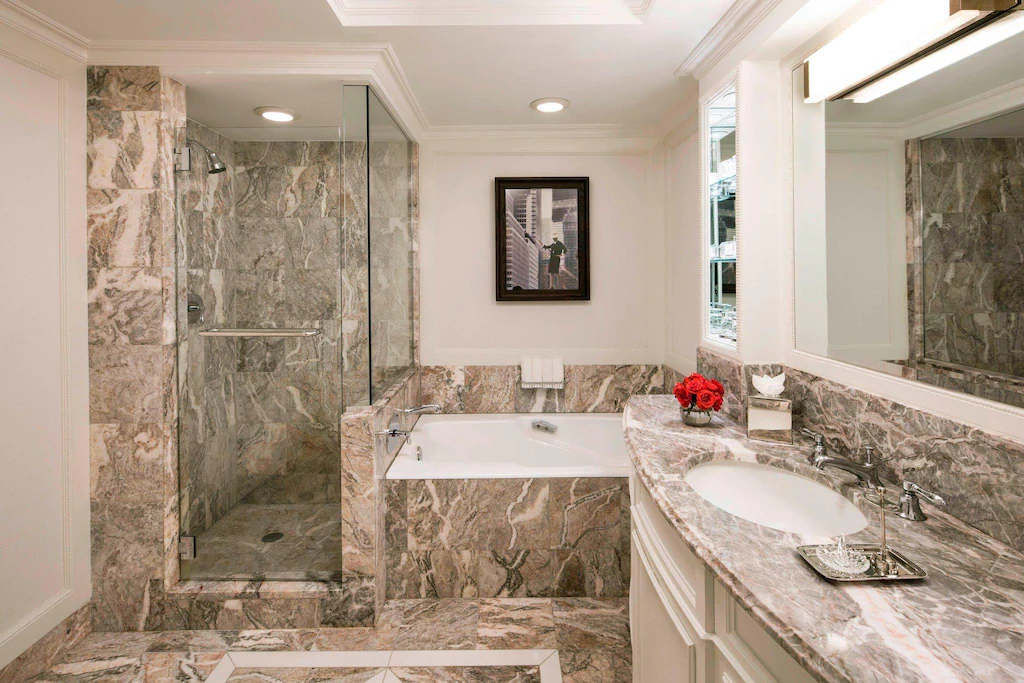 Stunning marble bathroom inside the rooms at the Ritz Carlton/ 