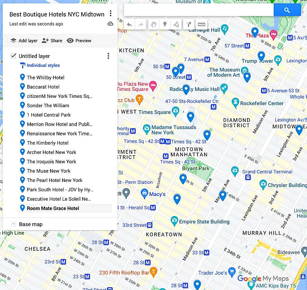 Map of the Best Boutique Hotels NYC Midtown has to offer. 
