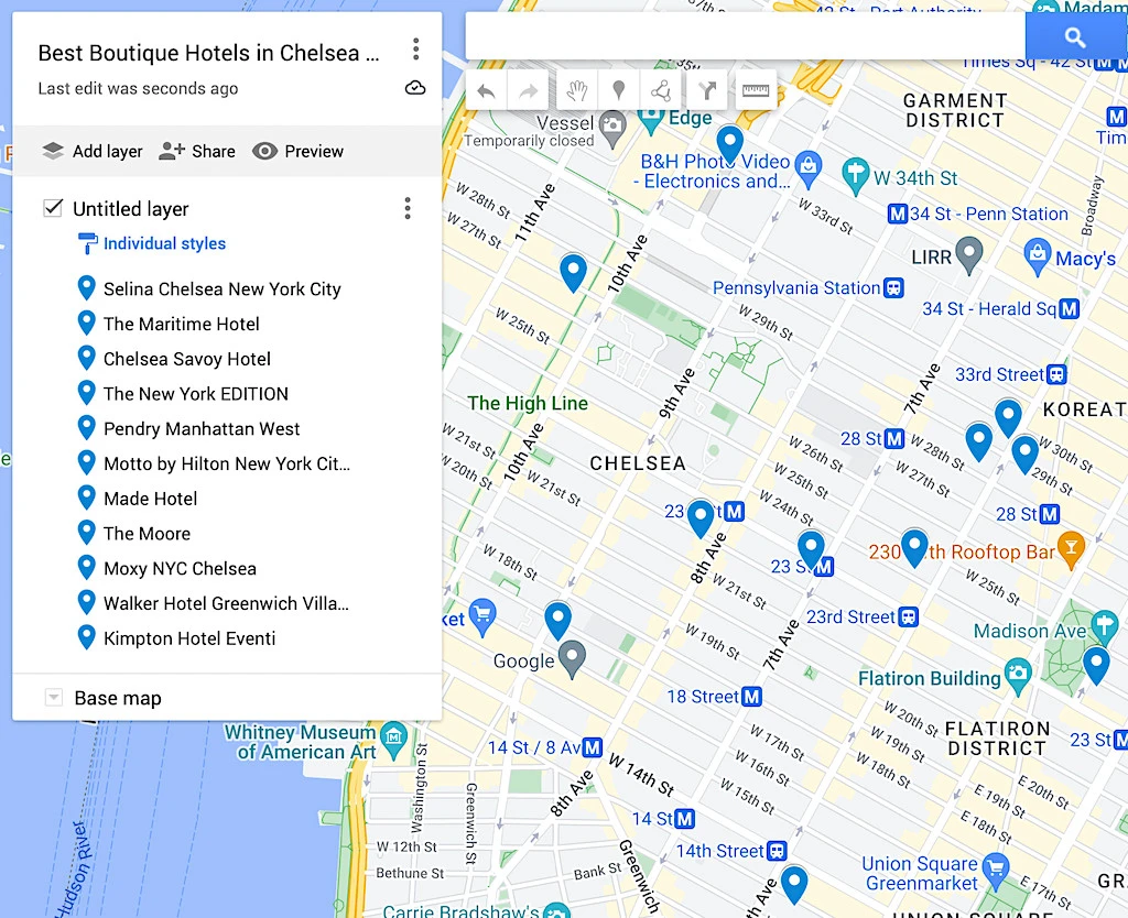 Map of the best boutique hotels in Chelsea NYC. 