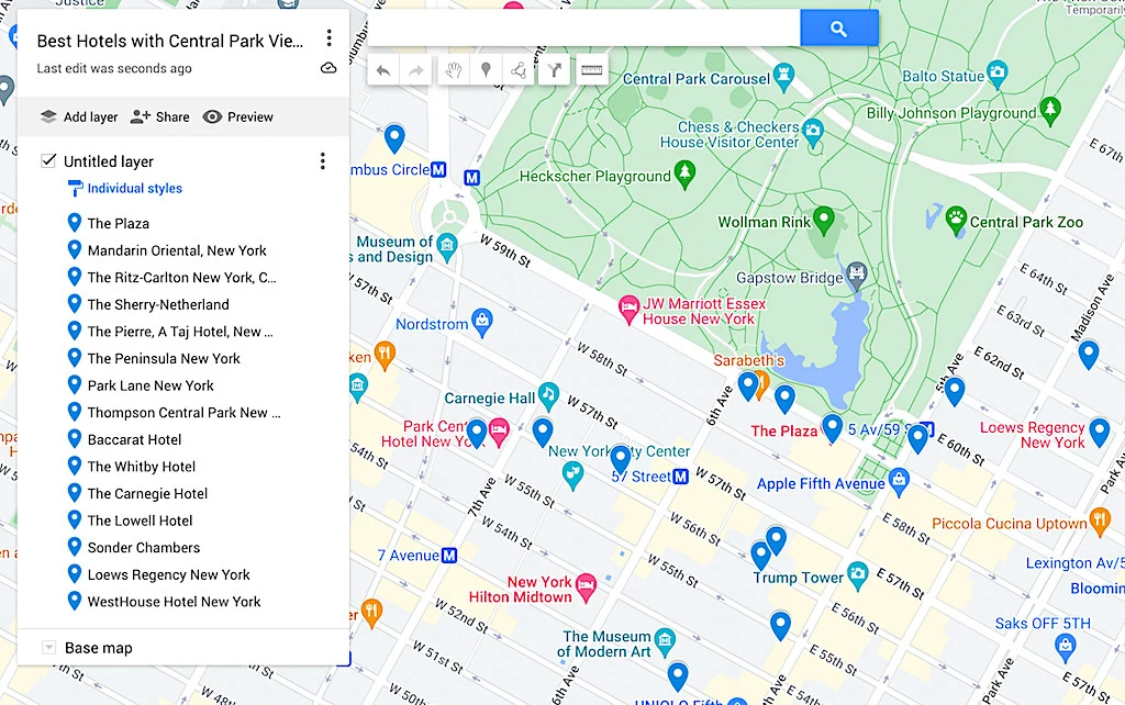 Best hotels with Central Park views map,