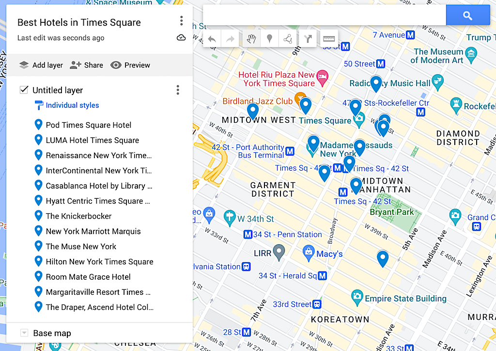Map of the best hotels in Times Square. 