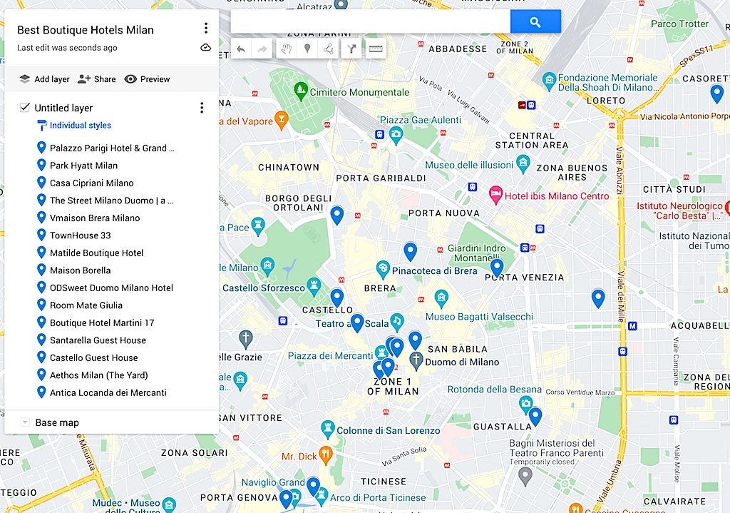 Map of the best boutique hotels Milan has to offer. 