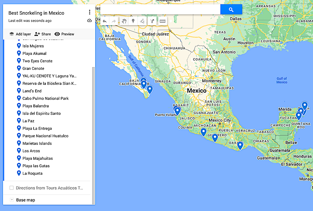 Map of the best snorkeling in Mexico. 