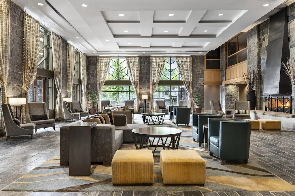 Stunning modern, mountain-chi lounge of the Westin Inn and Resort in Whisler. 
