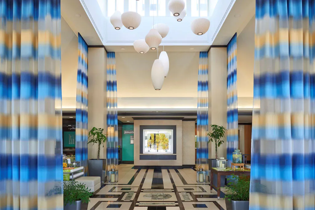 Stunning lobby of the Hilton Garden Inn near the airport. 