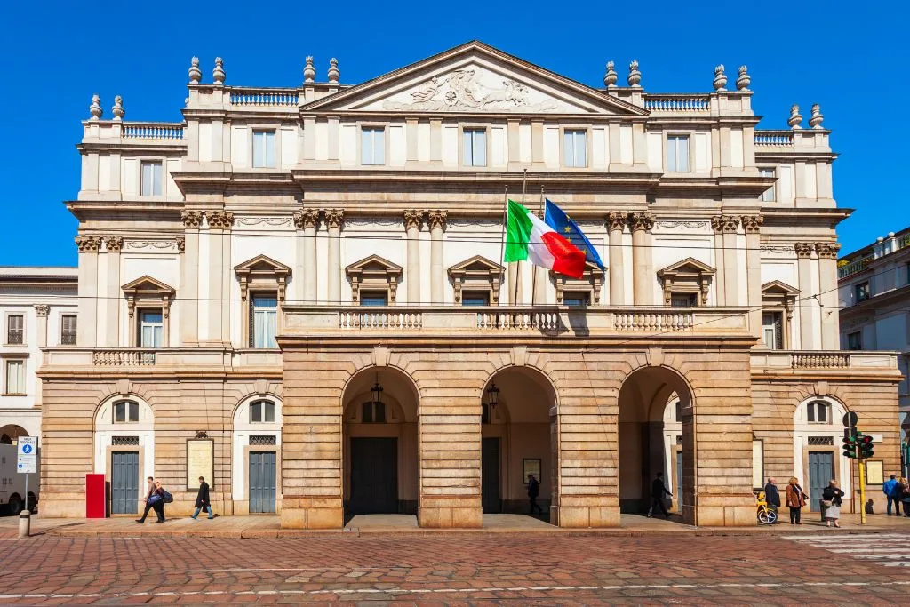 The exterior of La Scala Opera House that you can see during one of the best walking tours in Milan. 