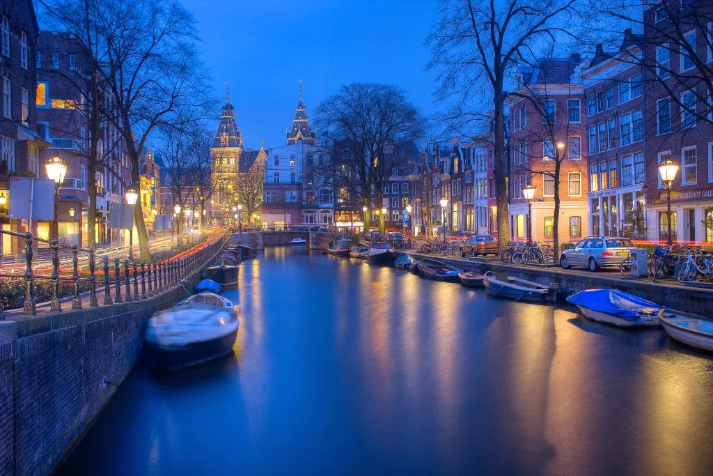 View of the canals in Amsterdam at night. 