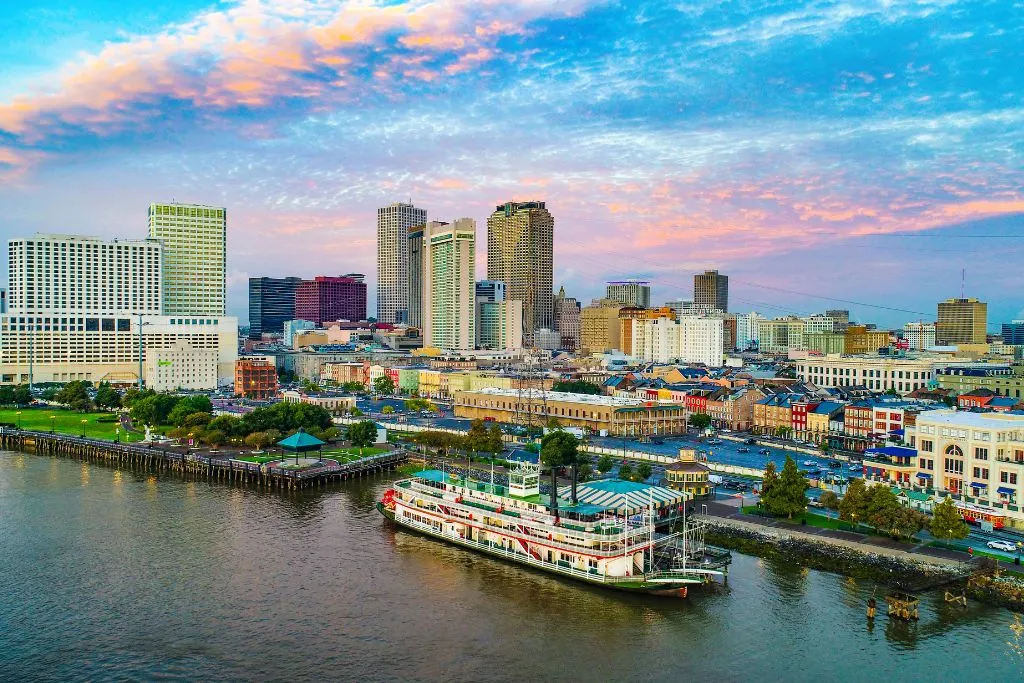 Aerial view of a river boat sitting on the water in Louisiana in New Orleans. 