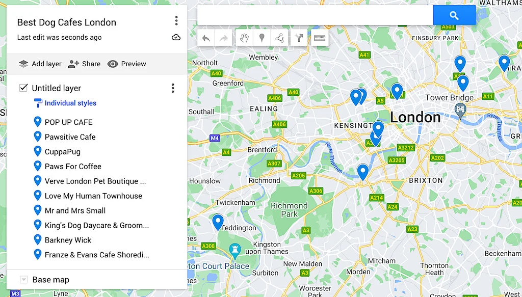 Map of best dog cafes London