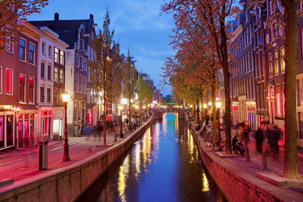 View of the red hue of the red light district in the evening. 