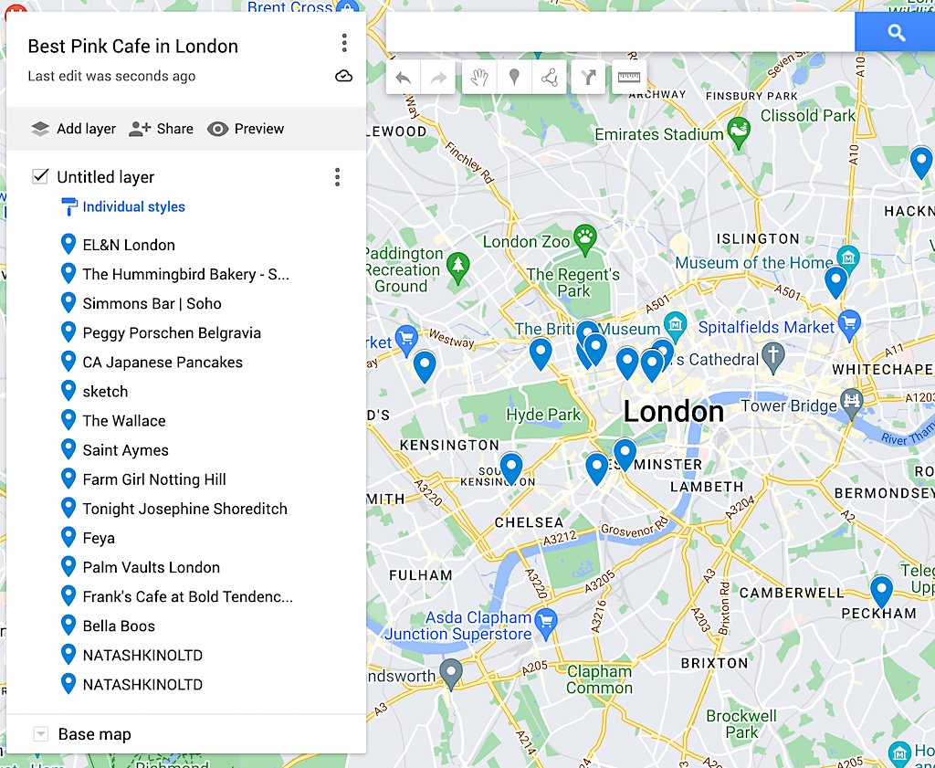 Best pink cafes in London map