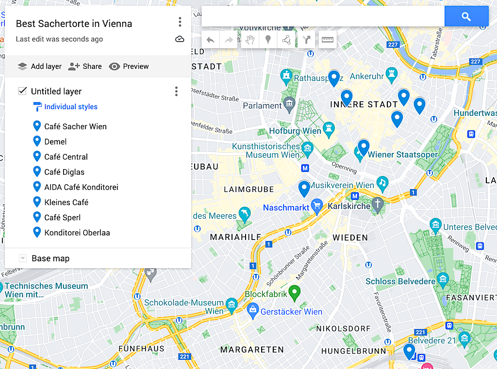 Map of the best sachertorte in Vienna.