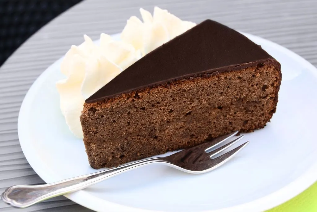 Classic piece of sachertorte with a side of whipped cream. 