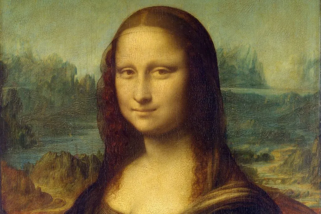 Up close view of the Mona Lisa in the Louvre. 