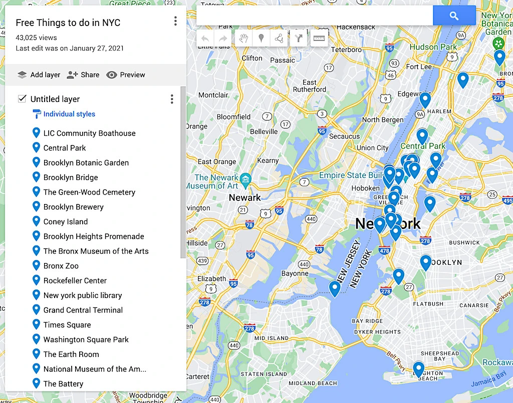 Map of the best free things to do in NYC. 