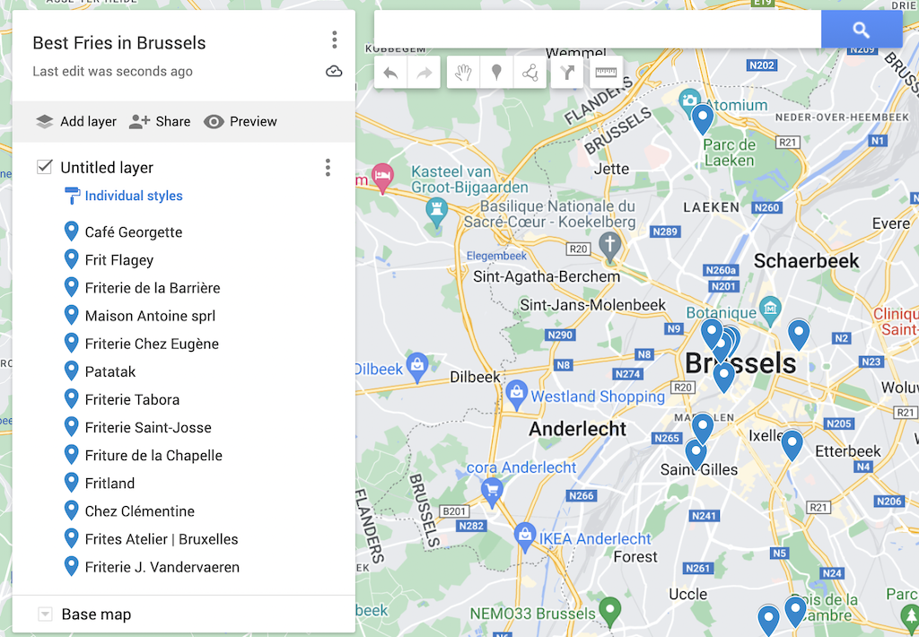 Map of the 13 best fries in Brussels with blue pins to denote the best places for fries in Brussels. 