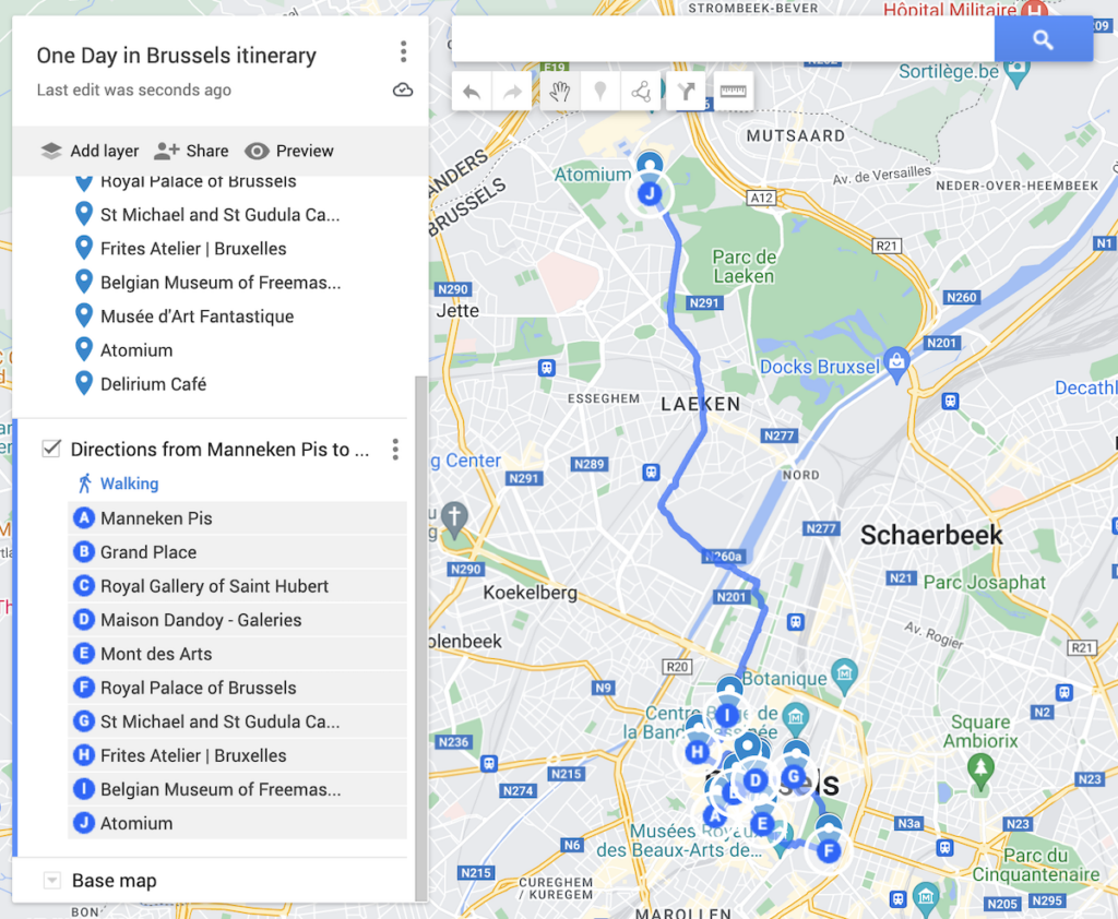 Map of a one day in Brussels itinerary with blue dots to represent stops and a blue line to represent a walking path. 