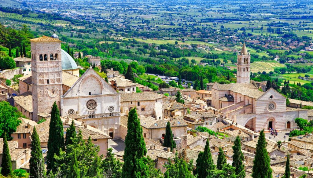 Stunning views of the green hills and two historic churches that sit in the heart of Assisi. You visit them during the best Rome winery tours.