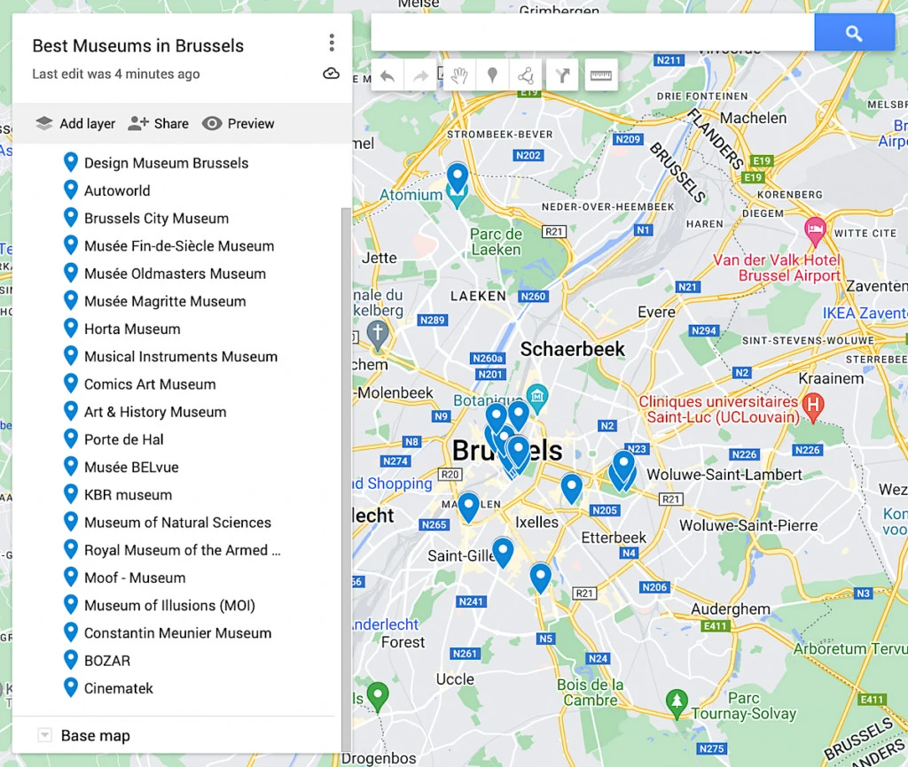 A map of the best museums in Brussels with blue dots to represent the 20 best musuems in Brussels. 